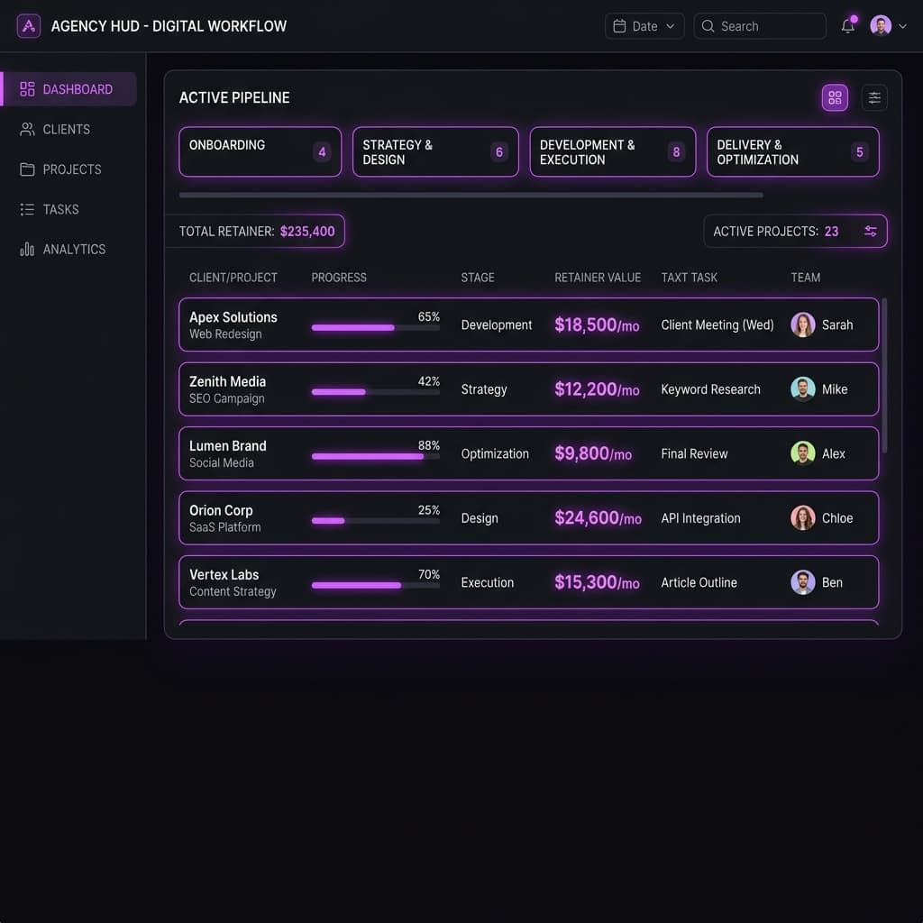 Best CRM Platforms for Agencies: Client & Retainer Workflows B2B digital agency CRM dashboard displaying team assignments and project boards