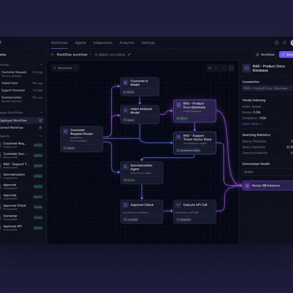 Architecting Autonomous AI Agents and RAG Systems for Enterprise Workflows Futuristic enterprise automation orchestration dashboard showing autonomous AI agent nodes