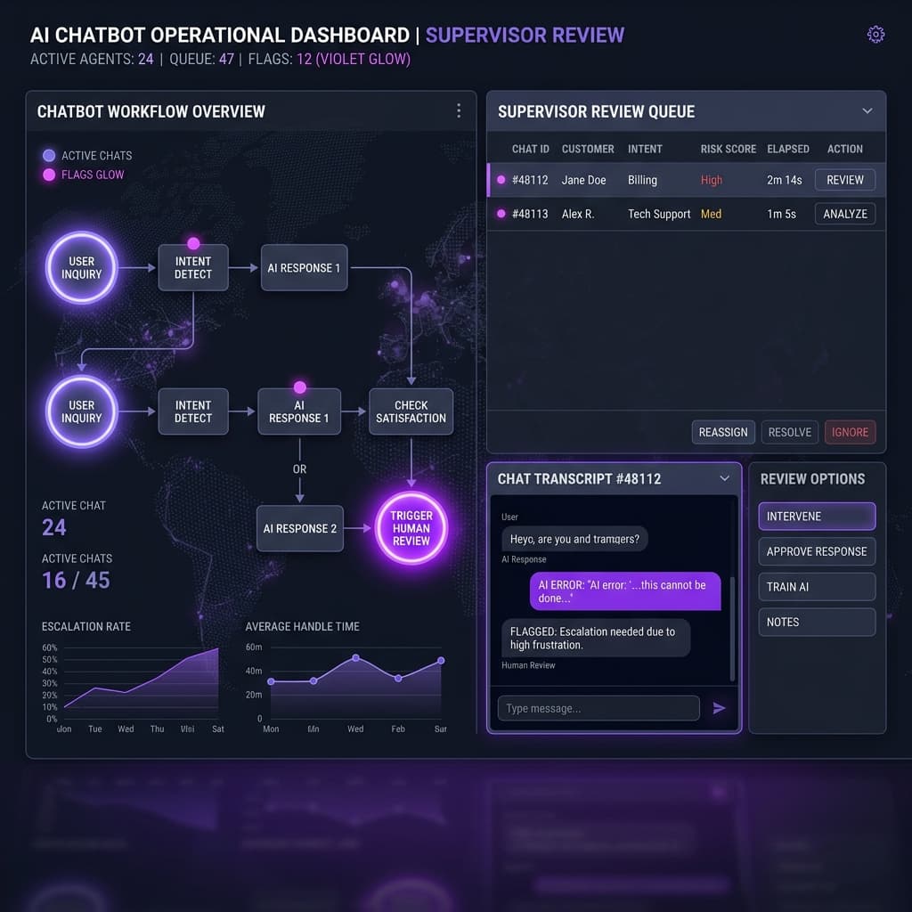 The Human Supervisor Model: Re-Engineering Startup Operations with AI Agent Orchestration in 2026 AI chatbot supervisor review console monitoring active support threads
