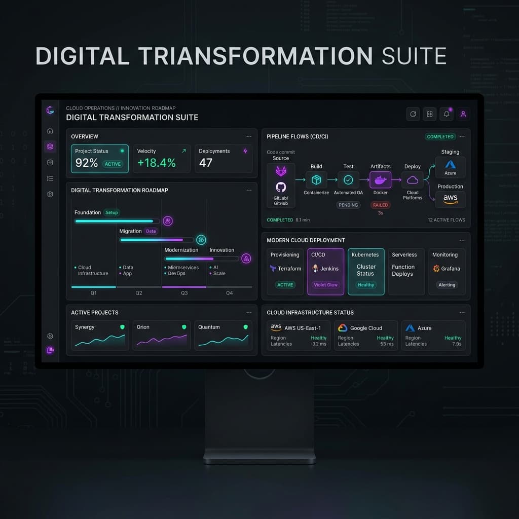 Digital Transformation Roadmap for Small Businesses in India Digital transformation roadmap dashboard showing operational cloud workflow and database pipelines