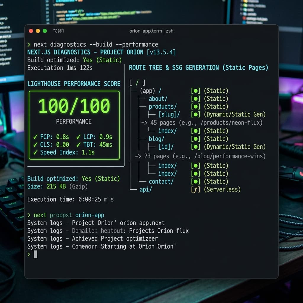 Next.js and Headless Web Development: Redefining SEO and Conversions in 2026 Next.js performance inspector showing search engine optimization diagnostics and page load speeds
