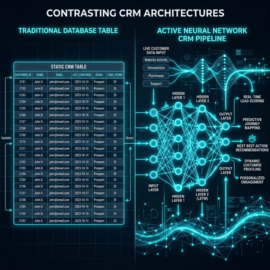 Traditional CRM vs. AI CRM: Upgrading Sales UX in 2026 Conceptual comparison diagram between traditional static CRM databases and active AI pipelines