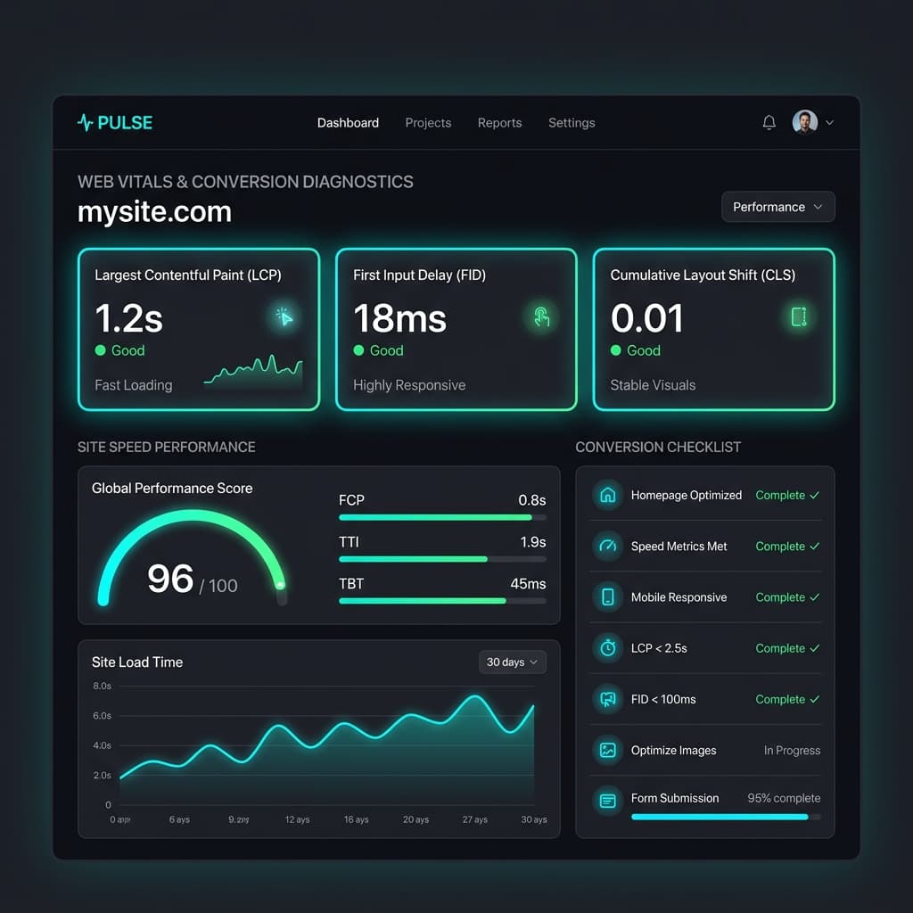 Website Redesign Checklist for Business Growth India: Engineering Guide Performance optimized website wireframe displaying Core Web Vitals score