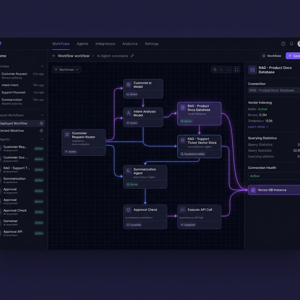 Architecting Autonomous AI Agents and RAG Systems for Enterprise Workflows Futuristic enterprise automation orchestration dashboard showing autonomous AI agent nodes