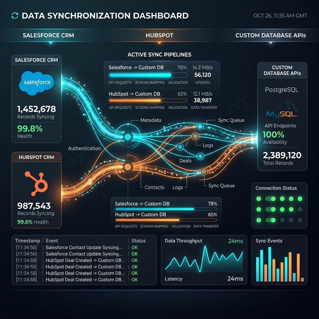 Unifying Data Silos: Best Practices for Salesforce and HubSpot CRM Integrations CRM database sync flow visualizing API connections and pipeline data stream integrations
