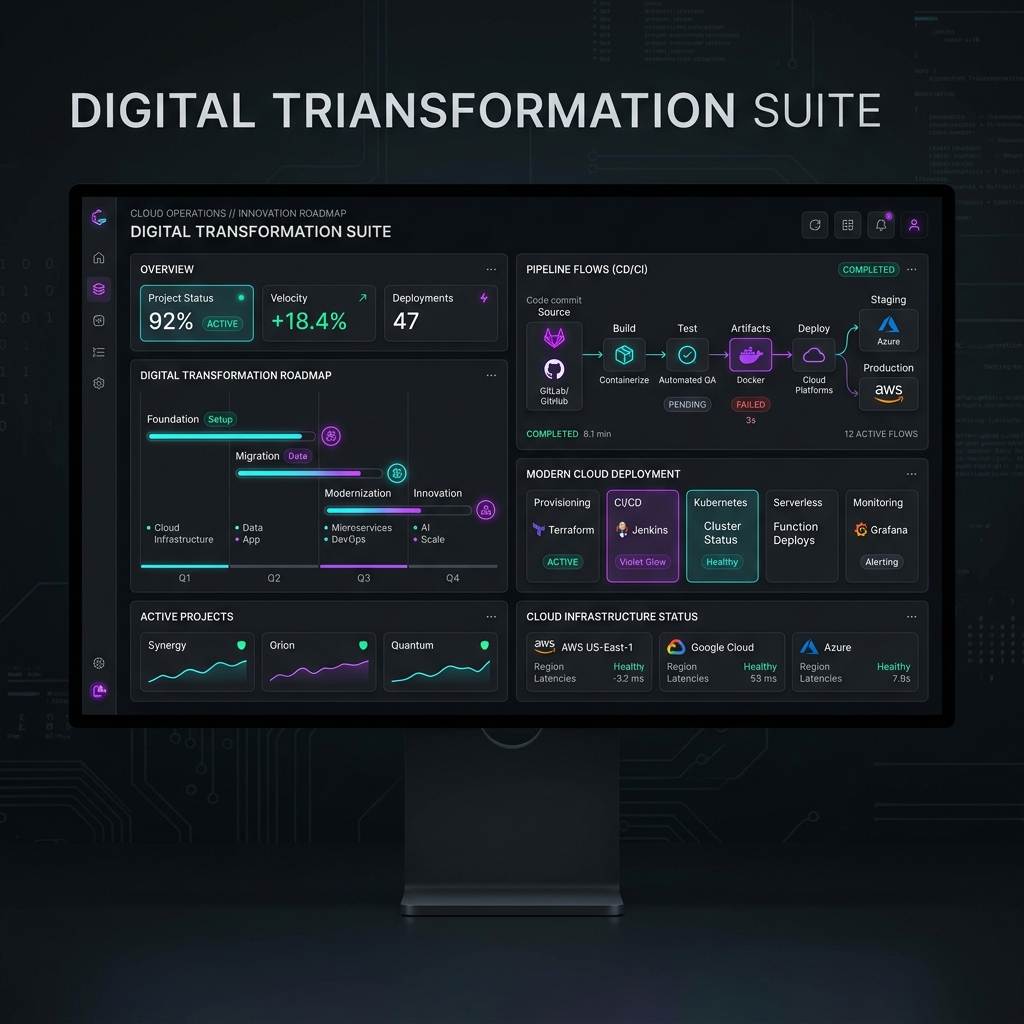 Digital Transformation Roadmap for Small Businesses in India Digital transformation roadmap dashboard showing operational cloud workflow and database pipelines