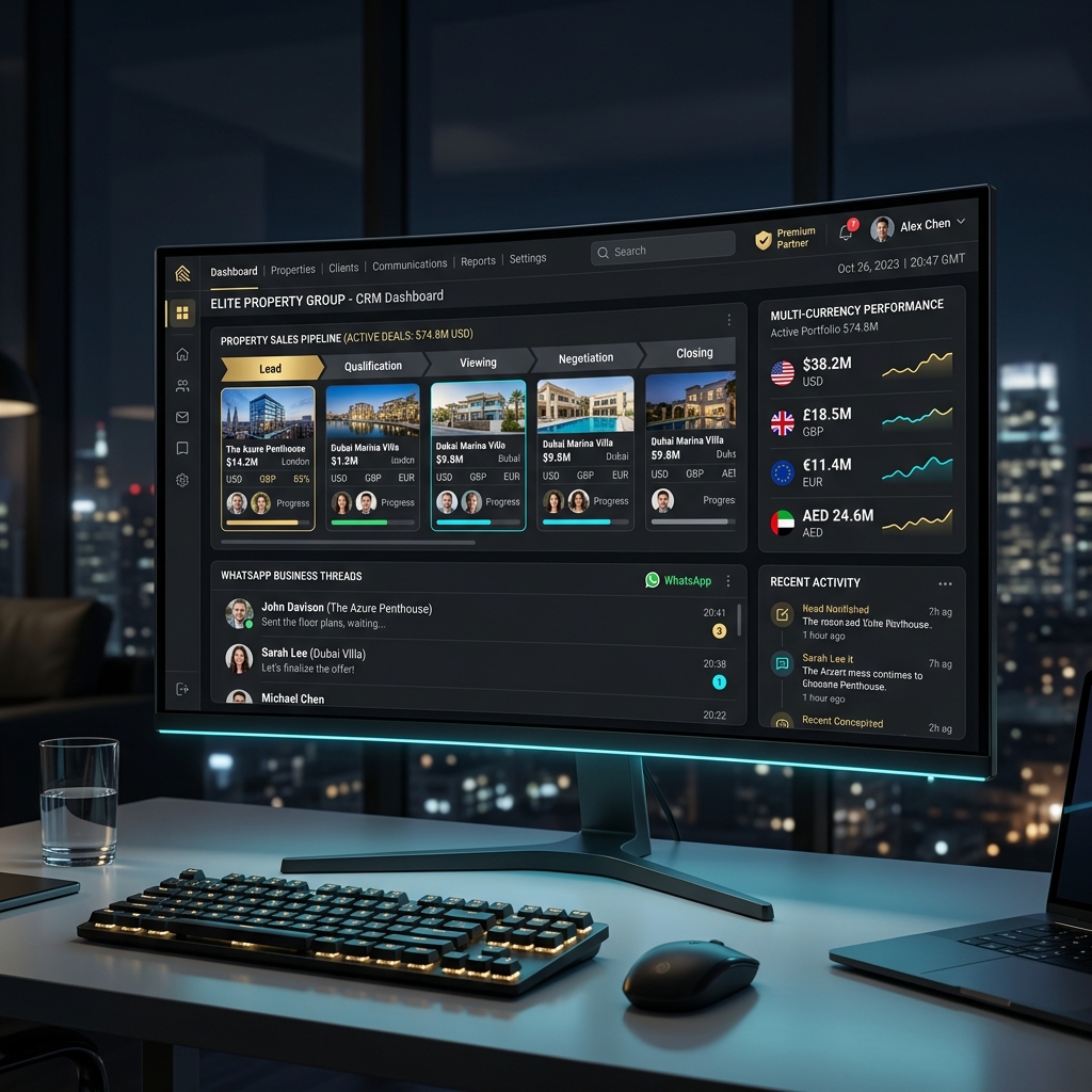 Best CRM Software for Dubai Businesses in 2026: The Tech Stack for High-Ticket Growth Gold-accented CRM database dashboard displaying real estate property sales pipelines