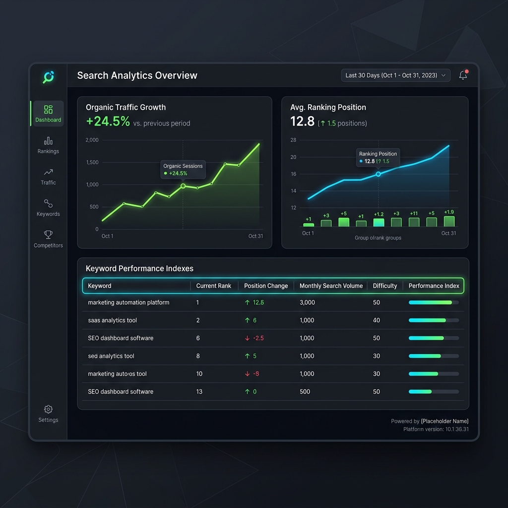 Technical SEO and Local SEO Framework for Sustainable Organic Growth Search analytics interface mapping keyword traffic uplift and organic visibility metrics
