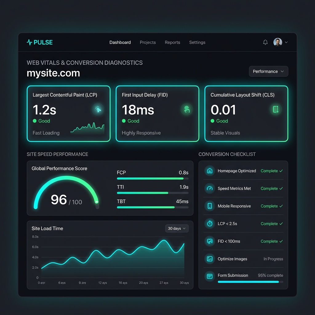 Website Redesign Checklist for Performance and Conversion Growth Performance optimized website wireframe displaying Core Web Vitals score